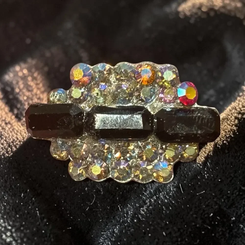 Vintage Aurora Borealis Rhinestone Bar Brooch Black Glass Atomic Mid Century